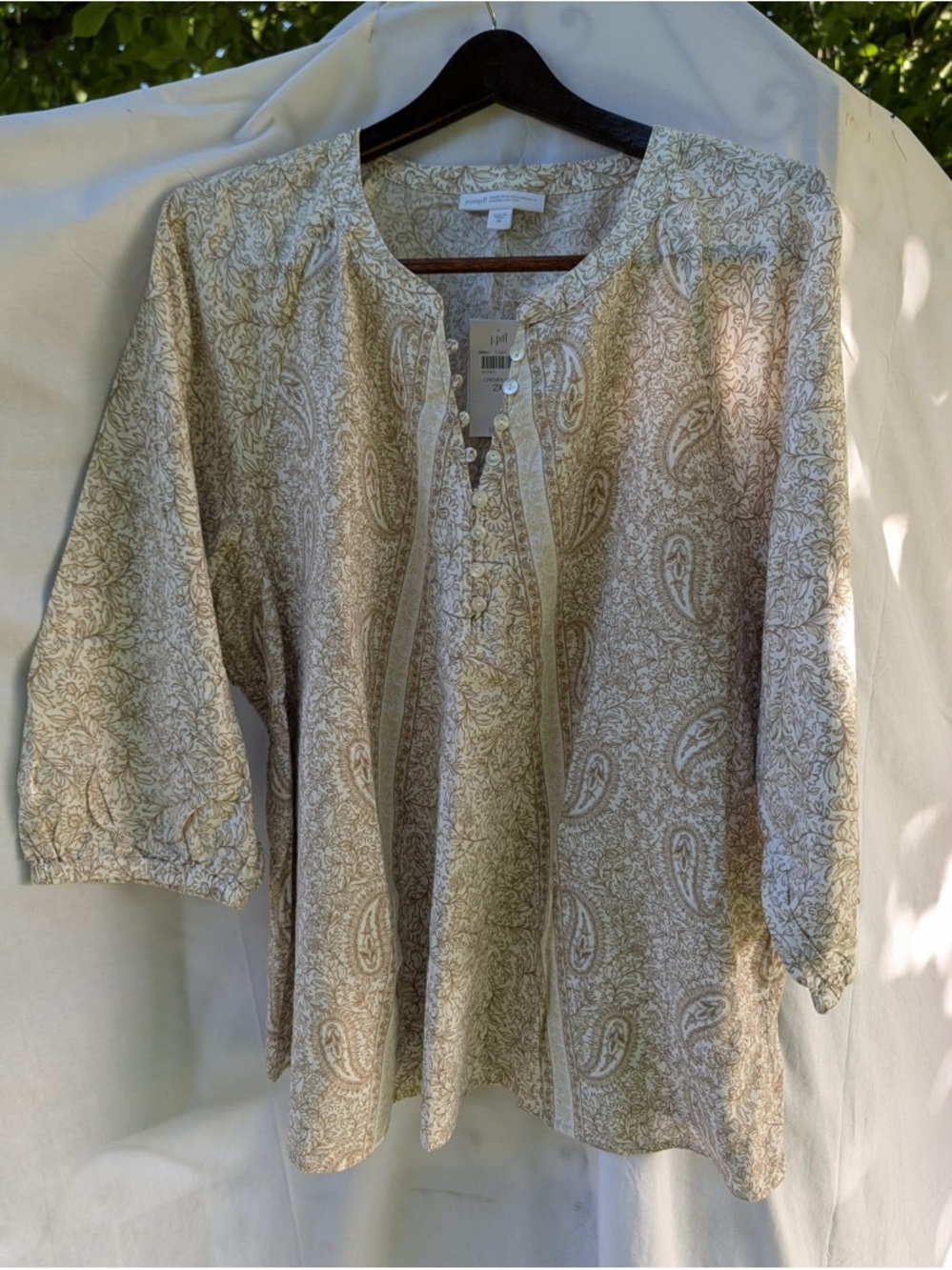 Paisley Button-Front Women's Tunic in Taupe Cream 100% Organic Cotton